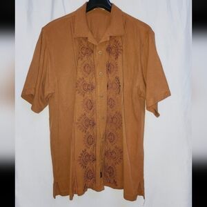 Tommy Bahama Men's Brown Embroidered Silk Short Sleeve Shirt